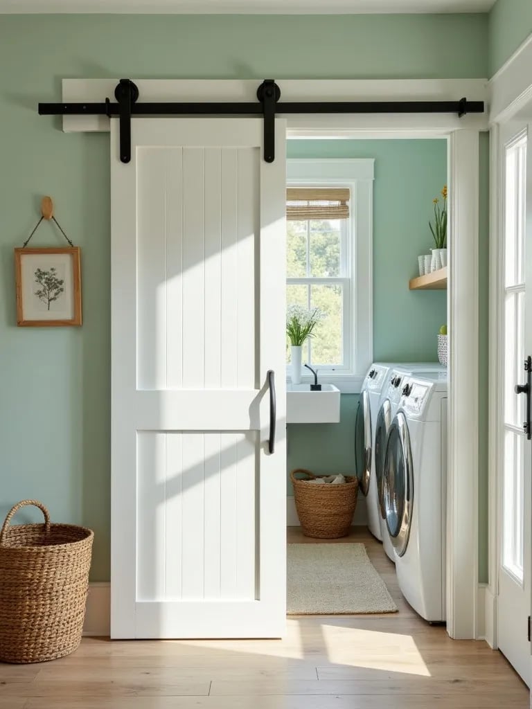 Modern farmhouse laundry room with sage green walls and barn door