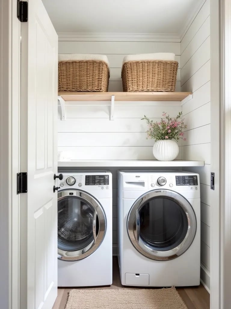 Modern farmhouse laundry room with shiplap wallpaper and black accents