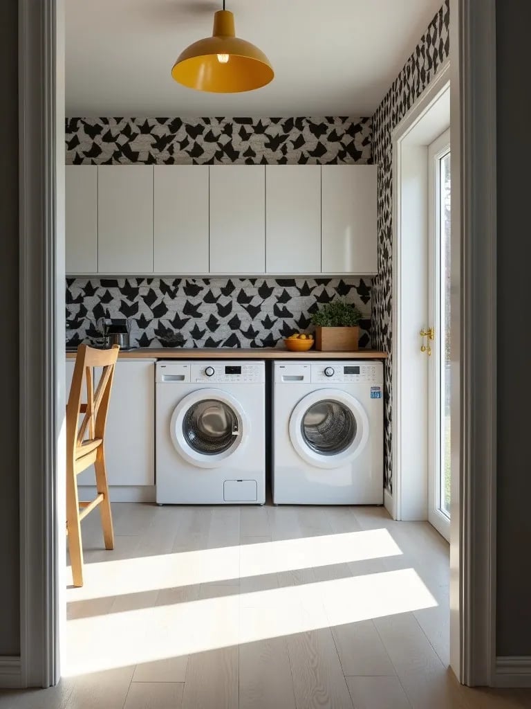 Modern laundry room featuring black and white geometric wallpaper and white cabinets