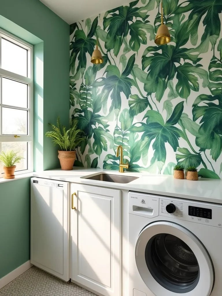 Modern laundry room featuring bold green tropical wallpaper