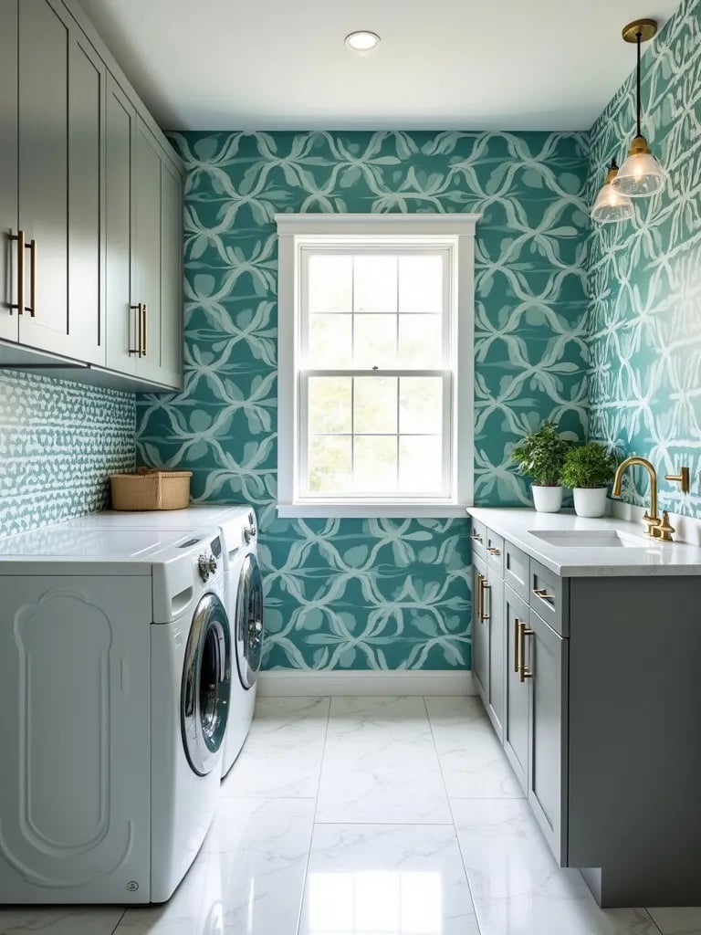 Modern laundry room featuring bold teal geometric wallpaper and gray cabinetry