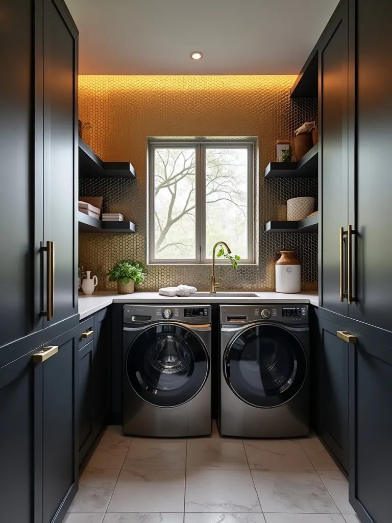 Modern laundry room featuring silver and gold hexagon tiles