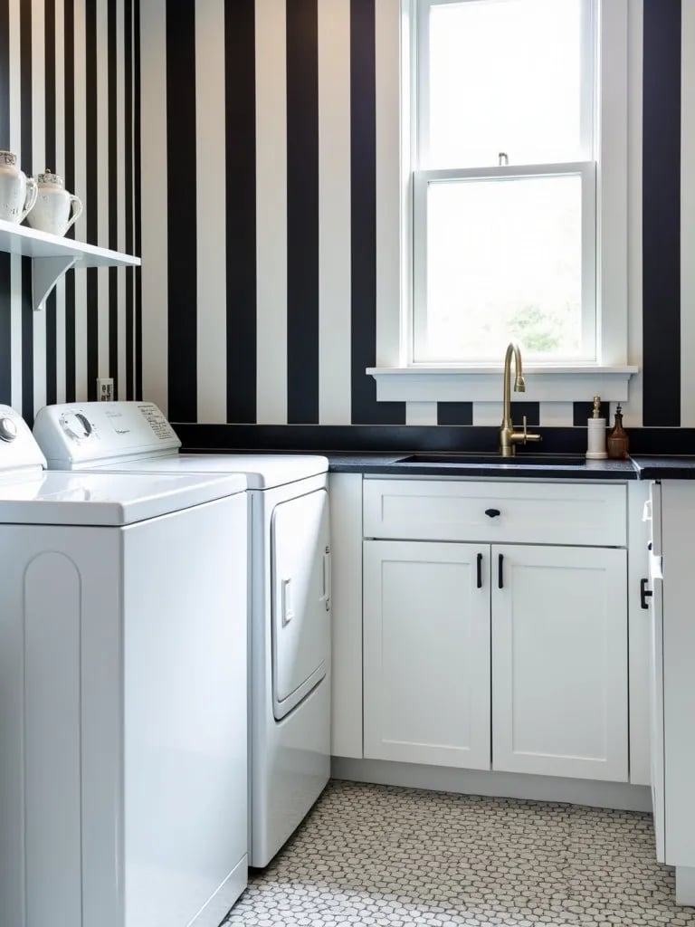 Modern laundry room with black and white striped wallpaper and chrome accents