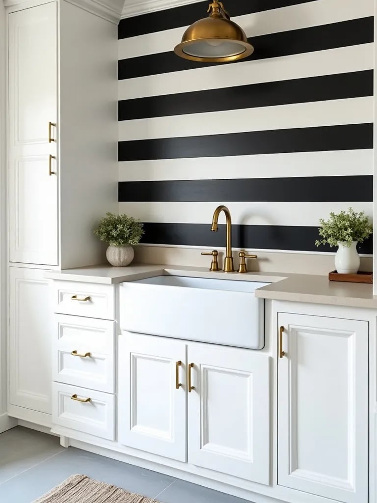 Modern laundry room with black and white striped wallpaper and gold accents