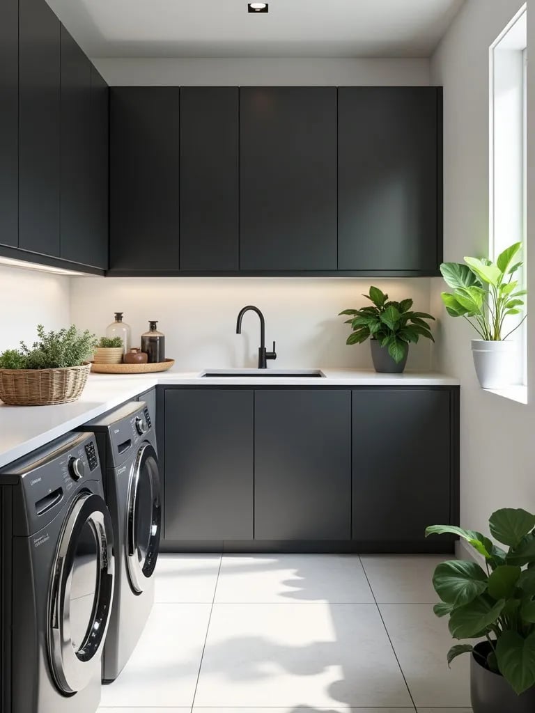 Modern laundry room with charcoal gray cabinets and white countertops