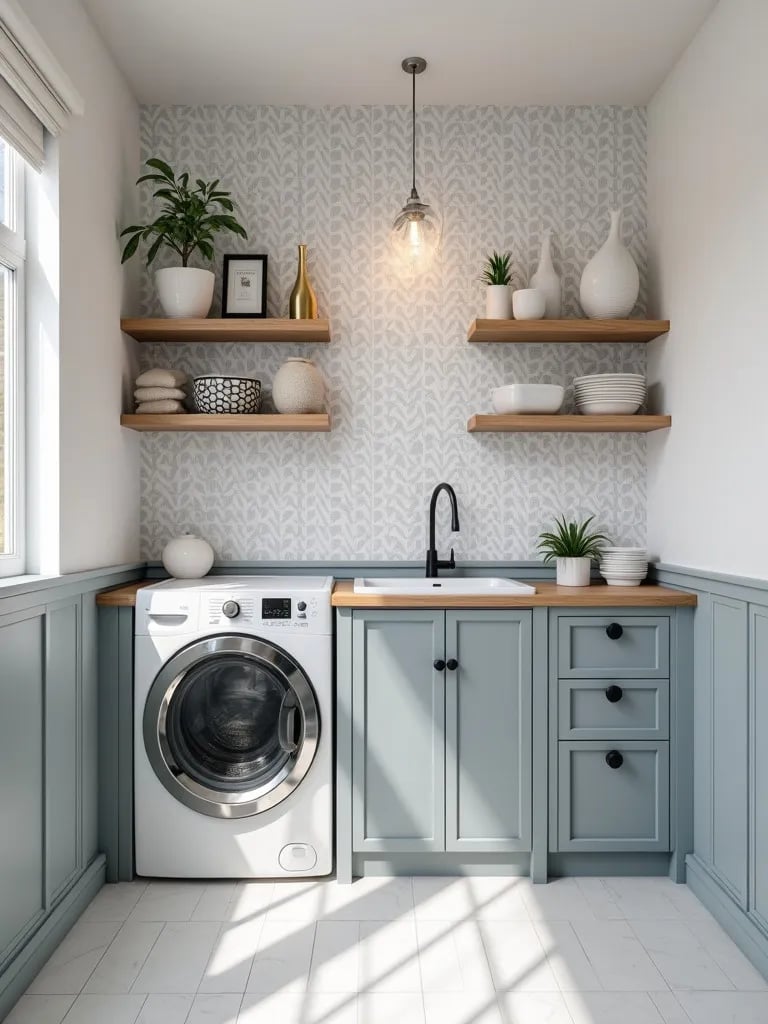 Modern laundry room with geometric wallpaper and floating shelves