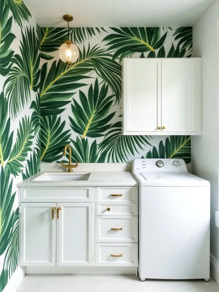 Modern laundry room with large scale green tropical leaf wallpaper
