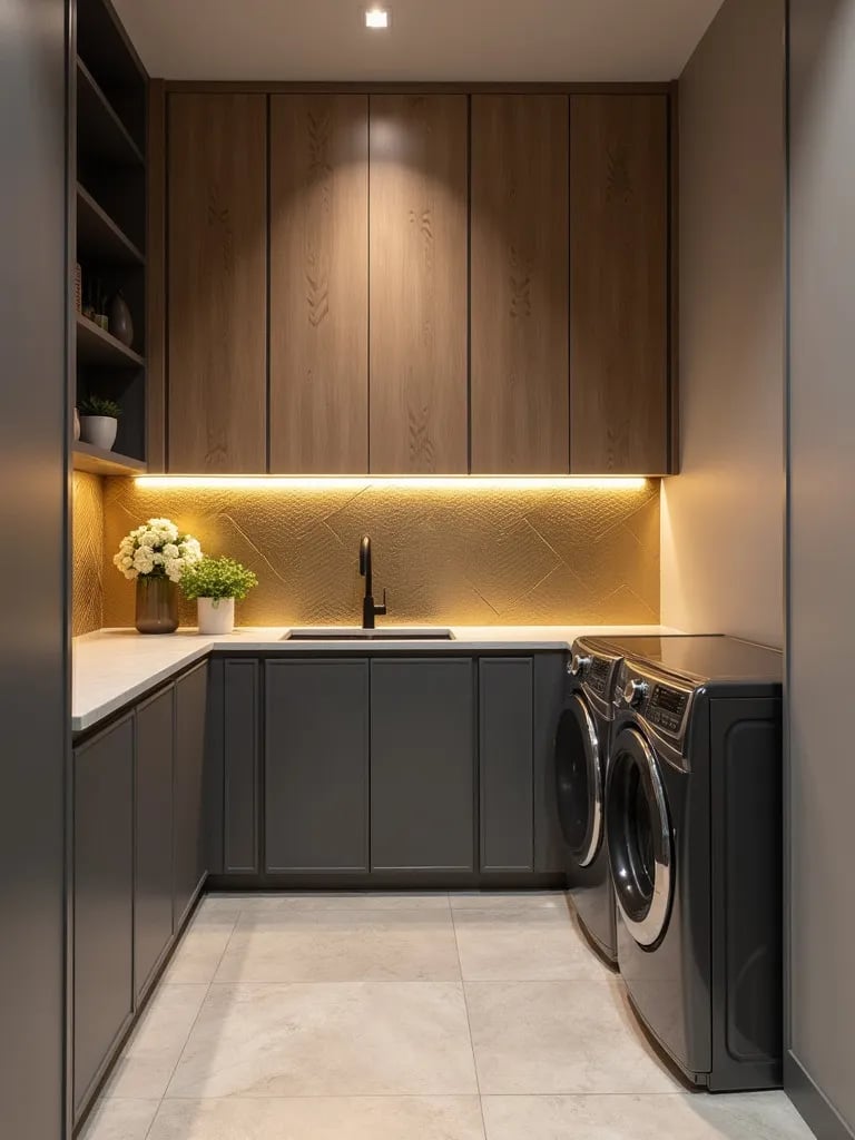 Modern laundry room with metallic geometric wallpaper and sleek appliances