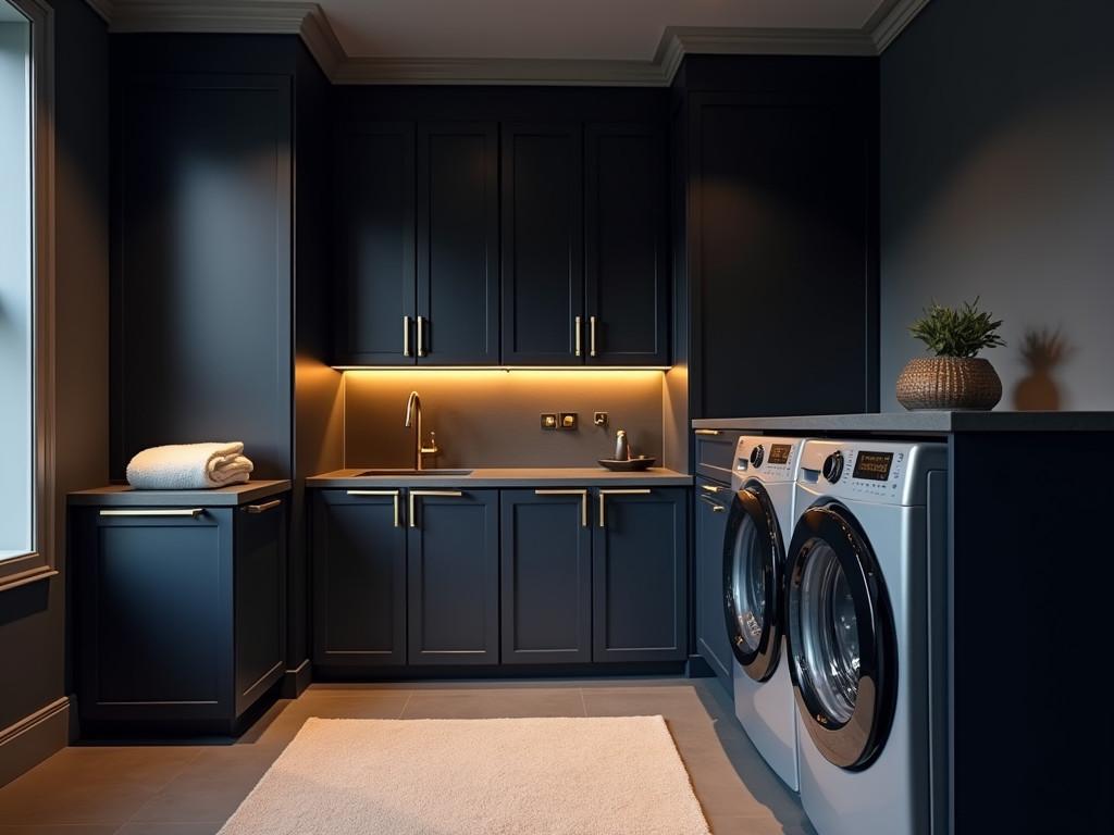 Modern laundry room with navy walls and brass fixtures