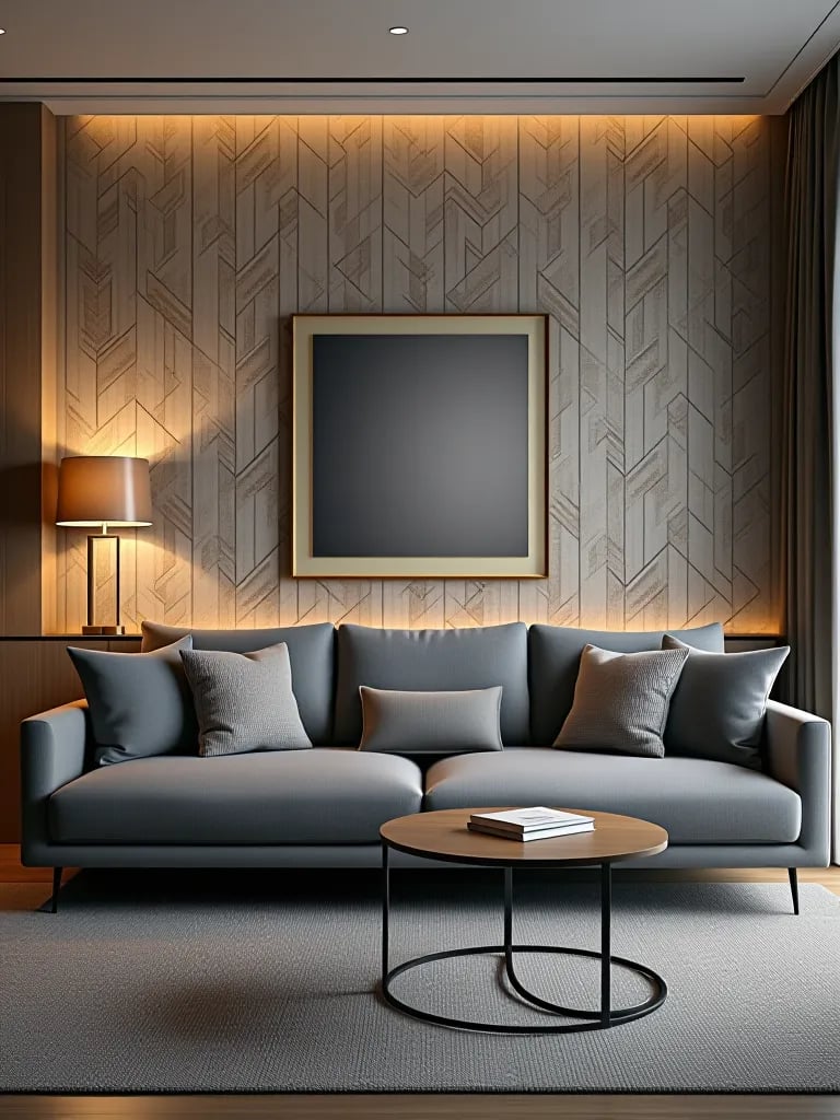 Modern living room with geometric wallpaper accent wall and gray sofa