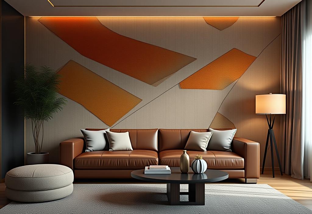 Modern living room with geometric wallpaper accent wall and leather sofa