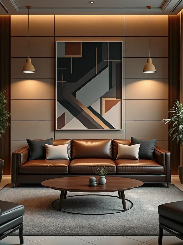 Modern living room with geometric wallpaper accent wall and leather sofa
