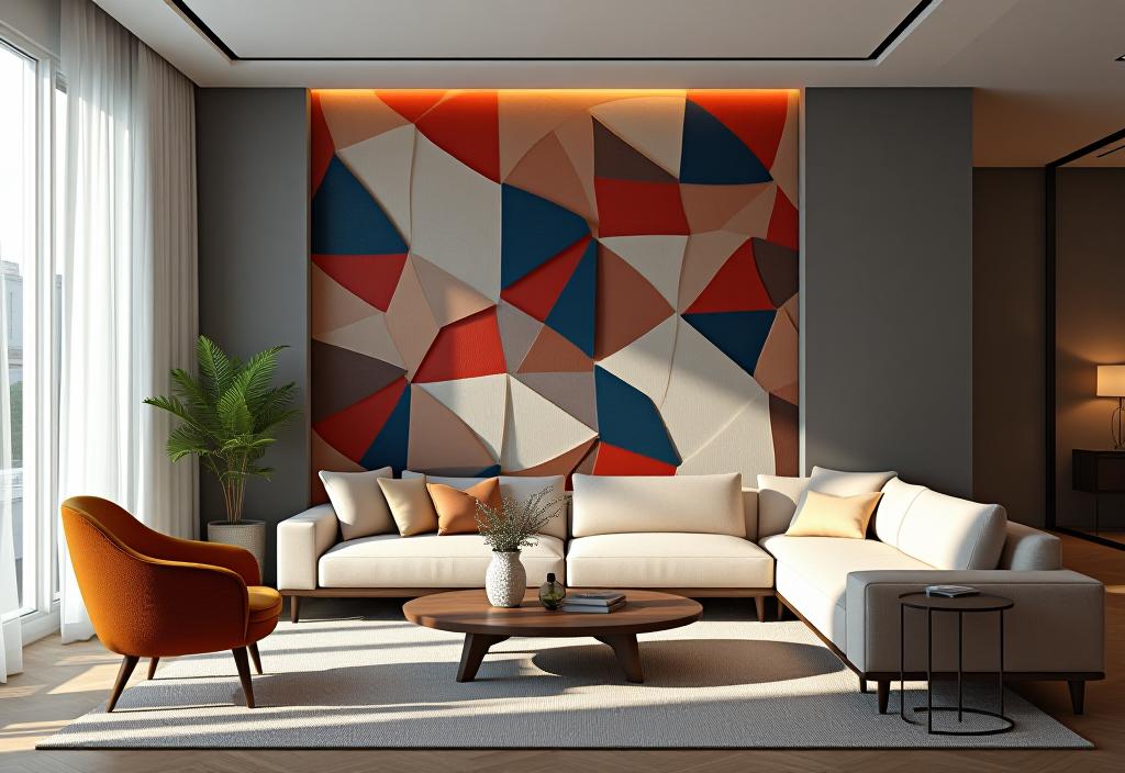 Modern living room with geometric wallpaper accent wall and minimalist furniture