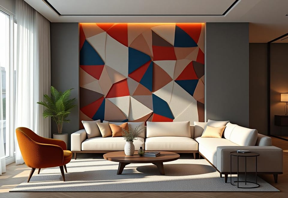 Modern living room with geometric wallpaper accent wall and minimalist furniture