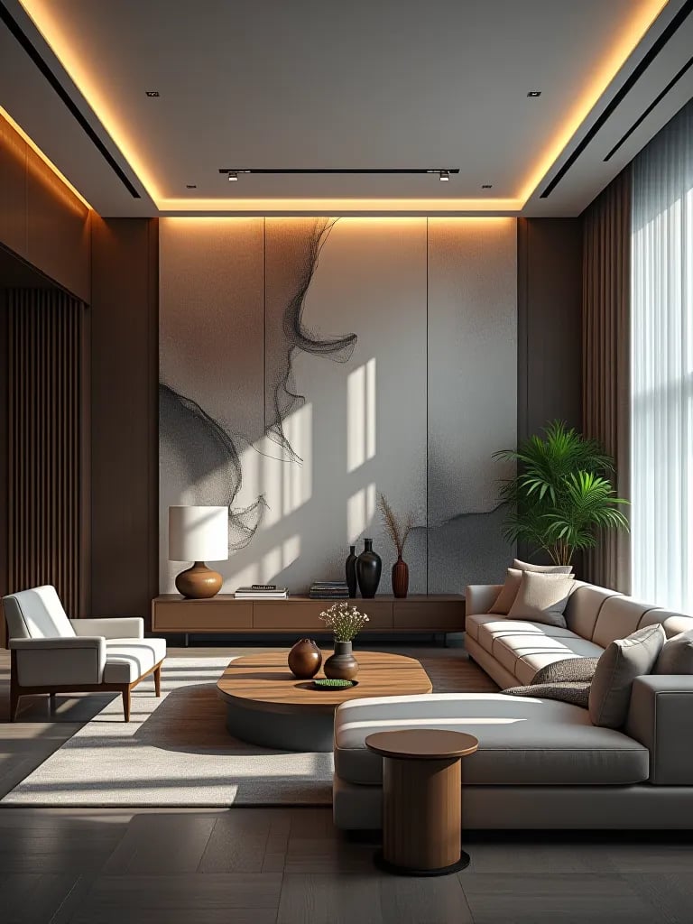 Modern living room with large scale abstract mural wallpaper accent wall and sleek furniture