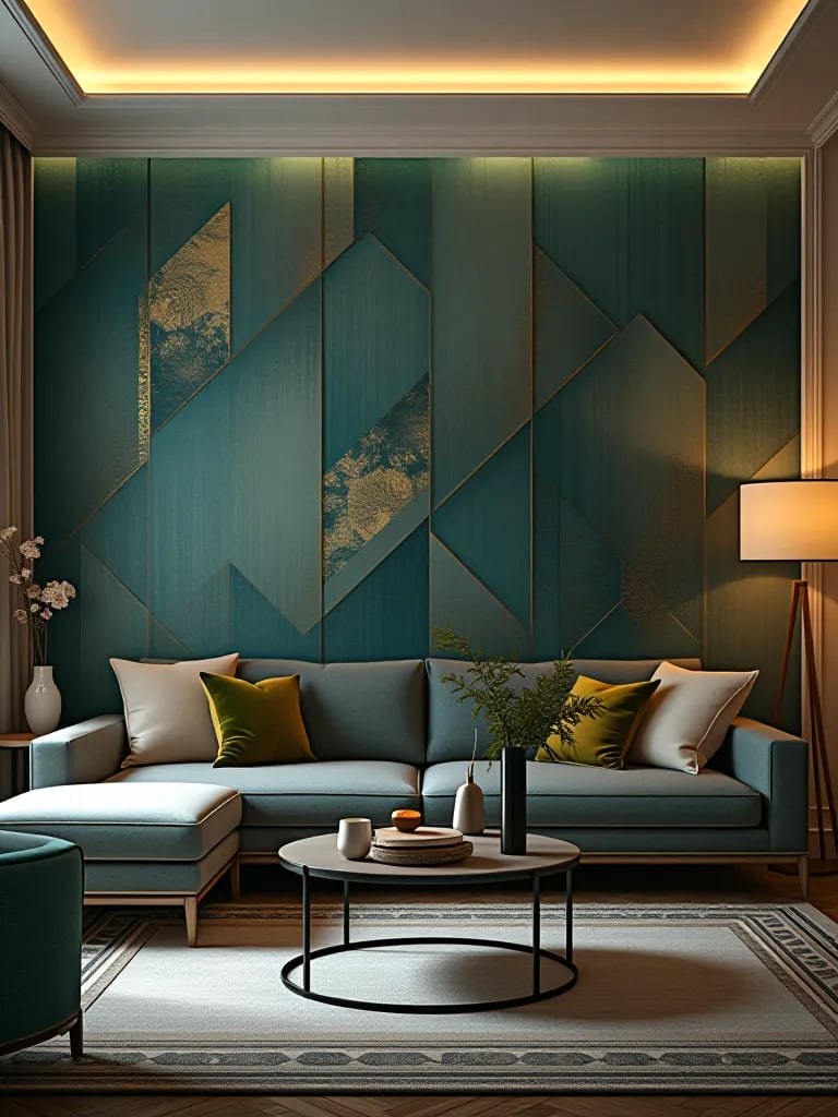 Modern living room with teal and gold geometric wallpaper accent wall