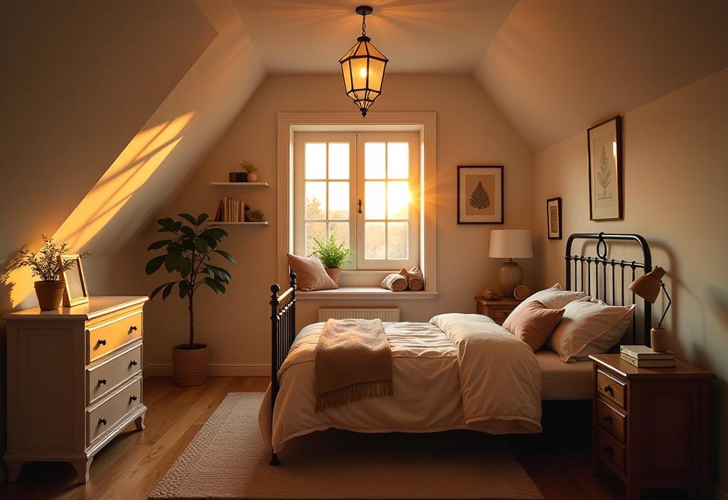 Modern minimalist bedroom with essential furniture and ambient lighting