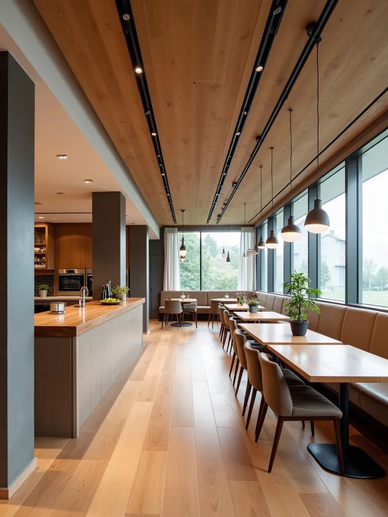 Modern open dining space featuring LVP flooring and sound absorbing decor