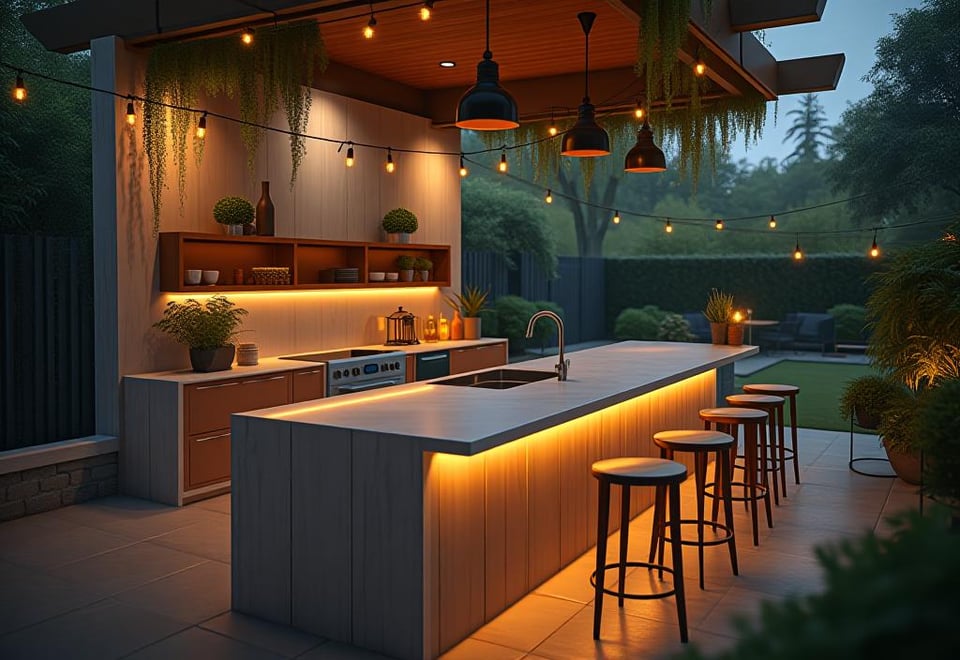 Modern outdoor kitchen island with cooktop and bar seating, surrounded by greenery
