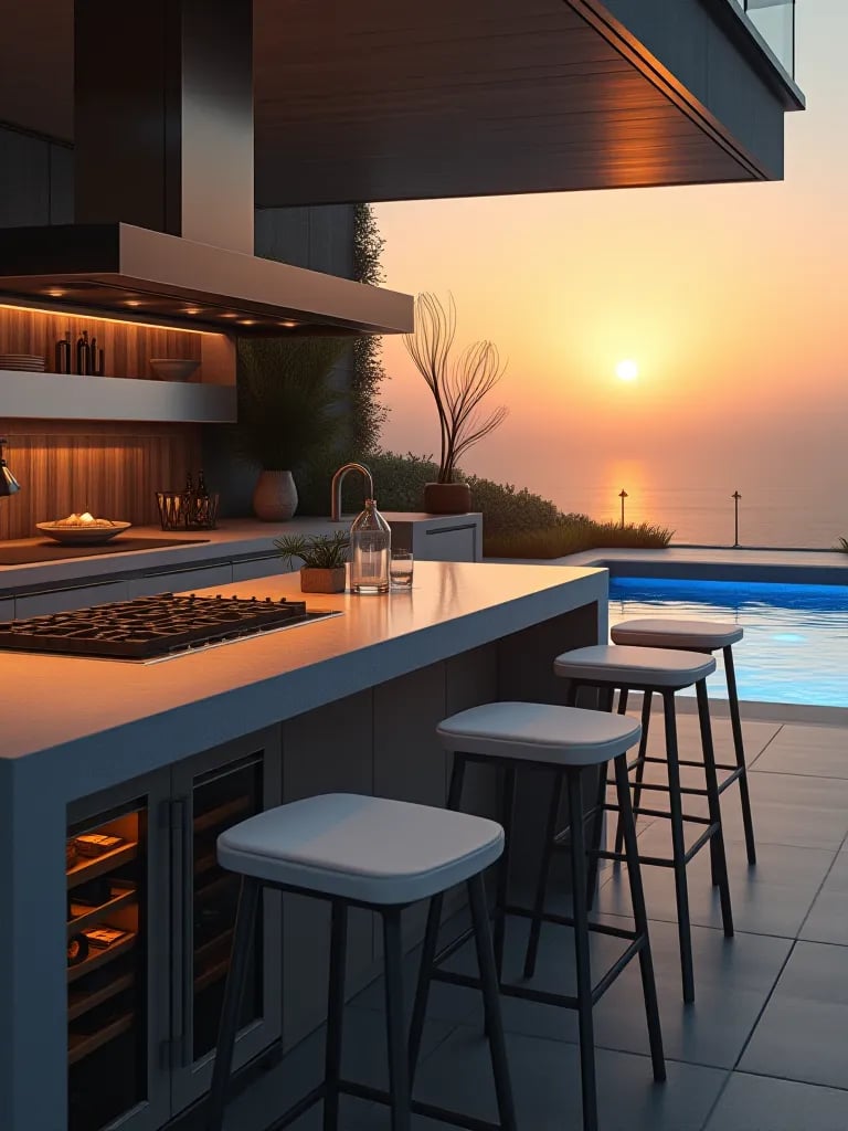 Modern outdoor kitchen island with cooktop and wine fridge by pool at sunset