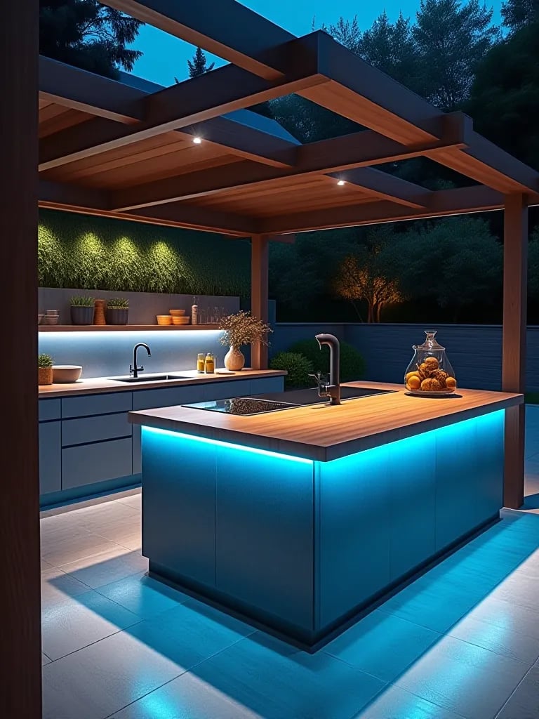 Modern outdoor kitchen with LED pergola lights and blue under island lighting