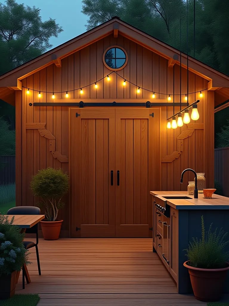 Modern outdoor kitchen with LED track lighting and under shelf lights