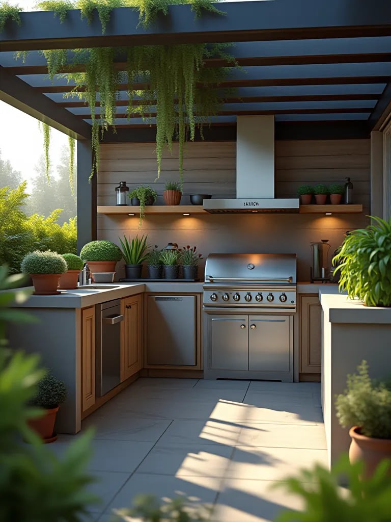 Modern outdoor kitchen with stainless steel grill, concrete countertops, and pergola