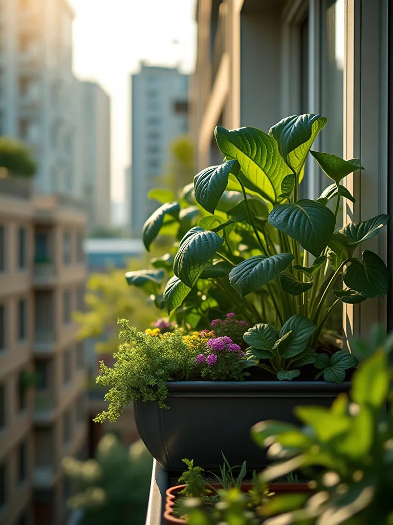 Modern patio with self watering vegetable planters and smart irrigation system