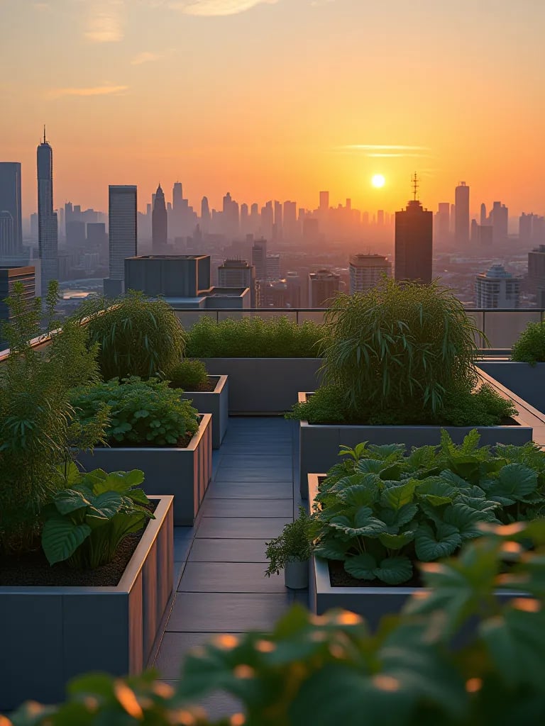 Modern rooftop garden with diverse vegetable containers and city skyline