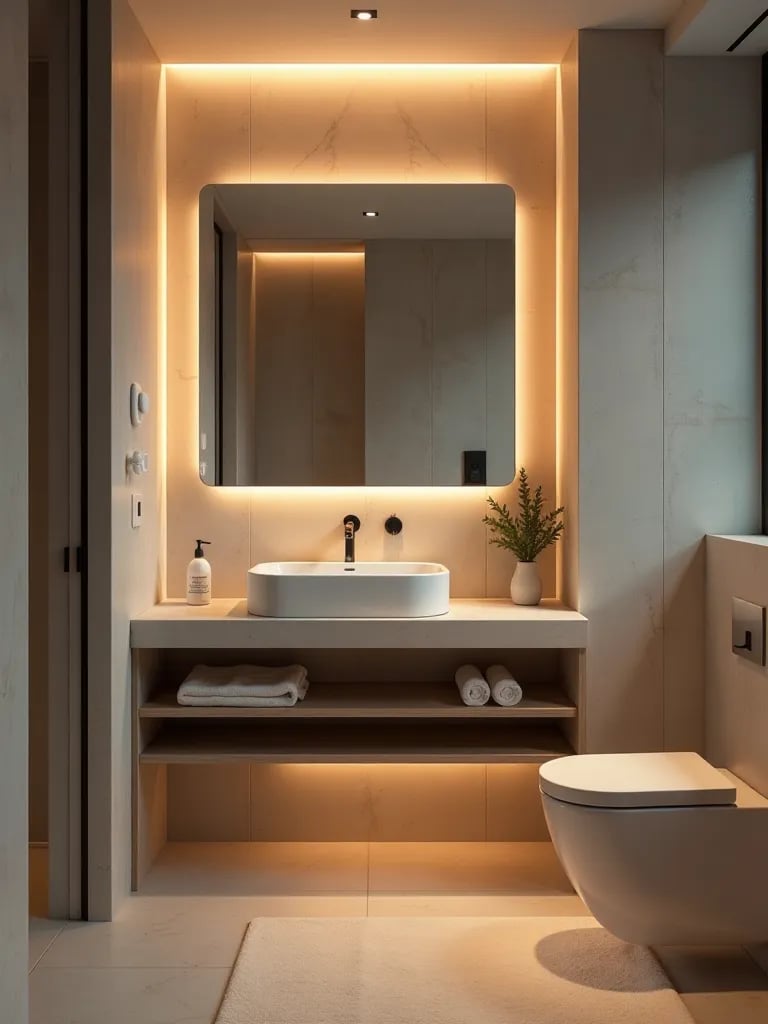 Modern small bathroom with floating vanity and large mirror