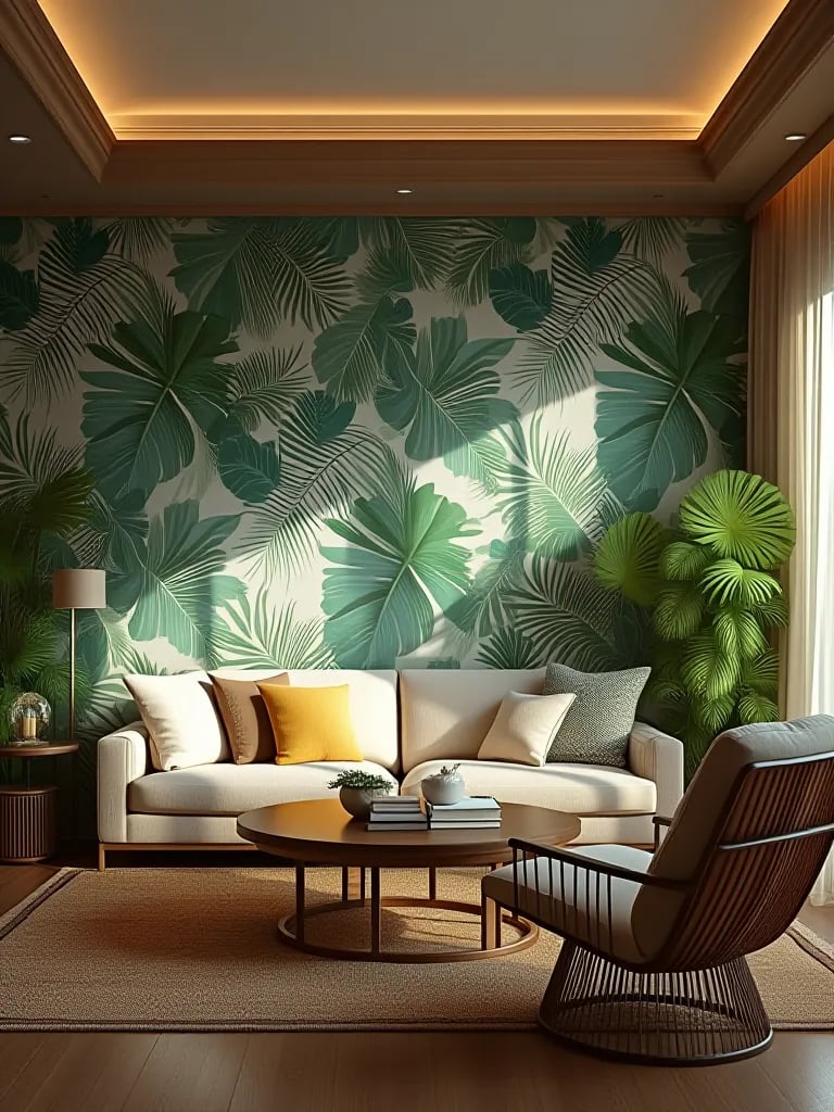 Modern tropical living room with palm leaf wallpaper, rattan furniture, and plants