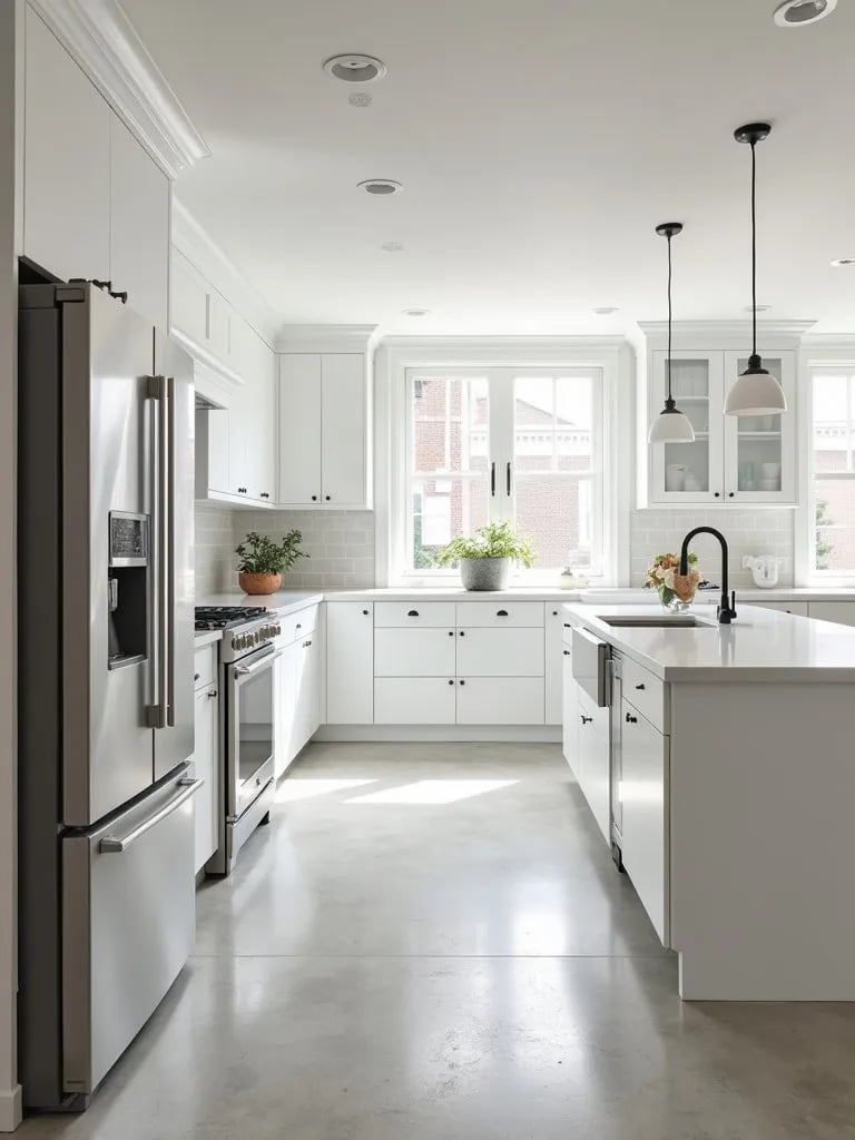 Modern white kitchen featuring polished concrete floors with subtle sheen
