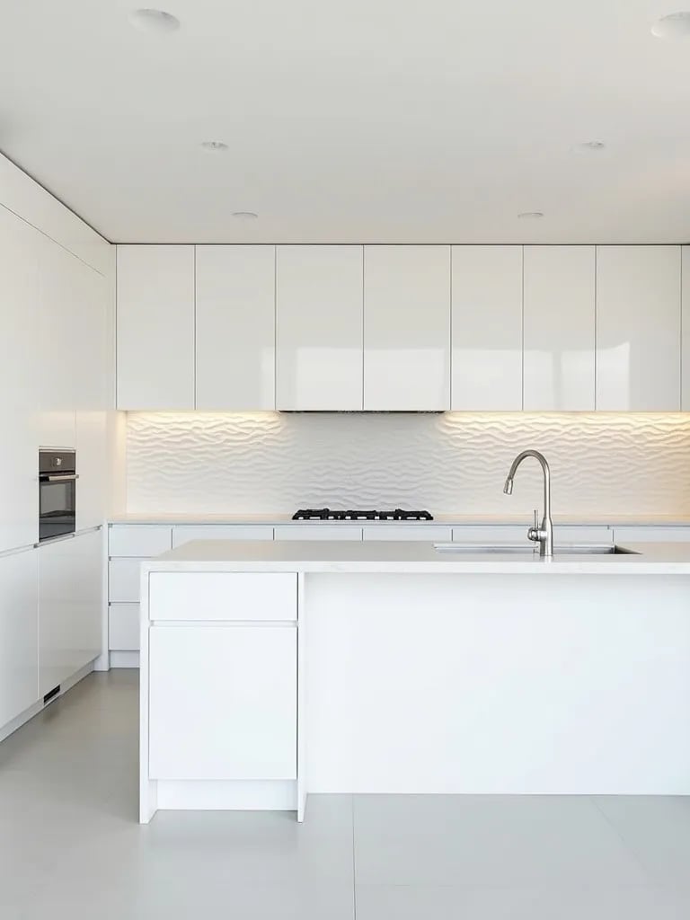 Modern white kitchen with 3D textured backsplash and minimalist cabinetry
