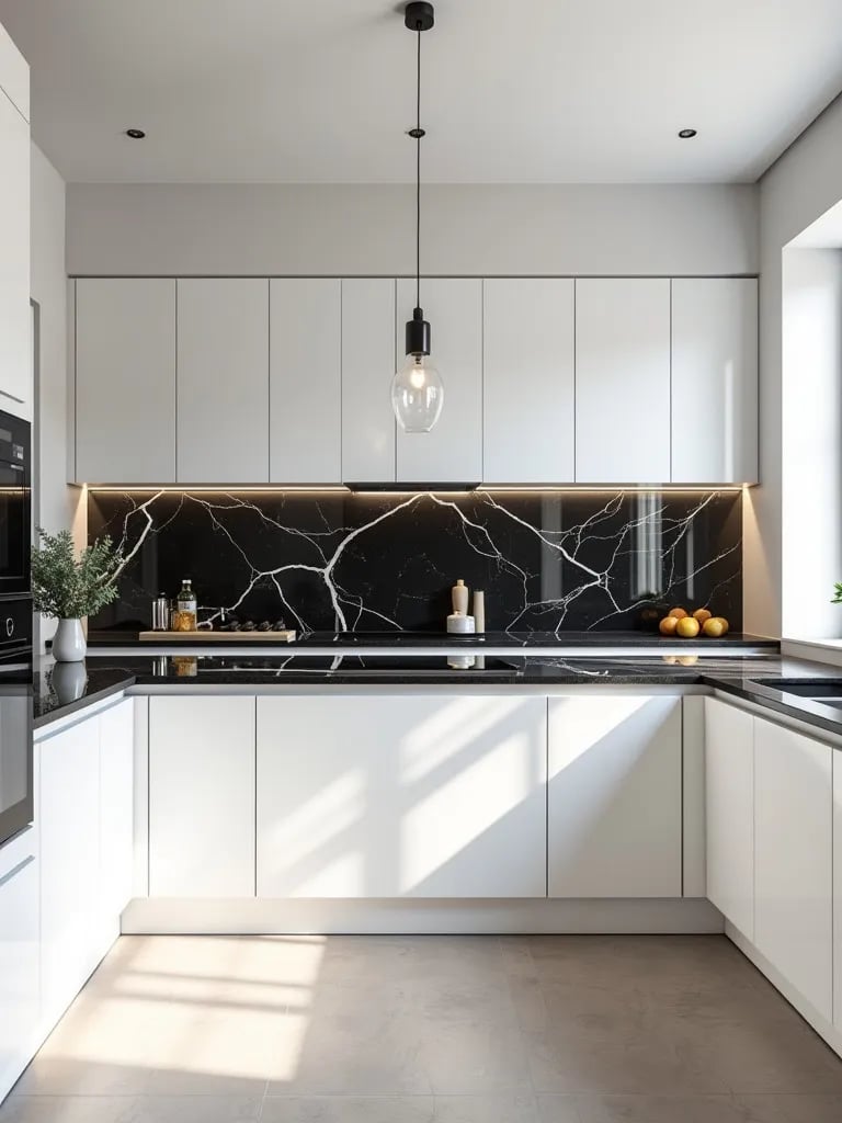 Modern white kitchen with black marble countertops and pendant lighting