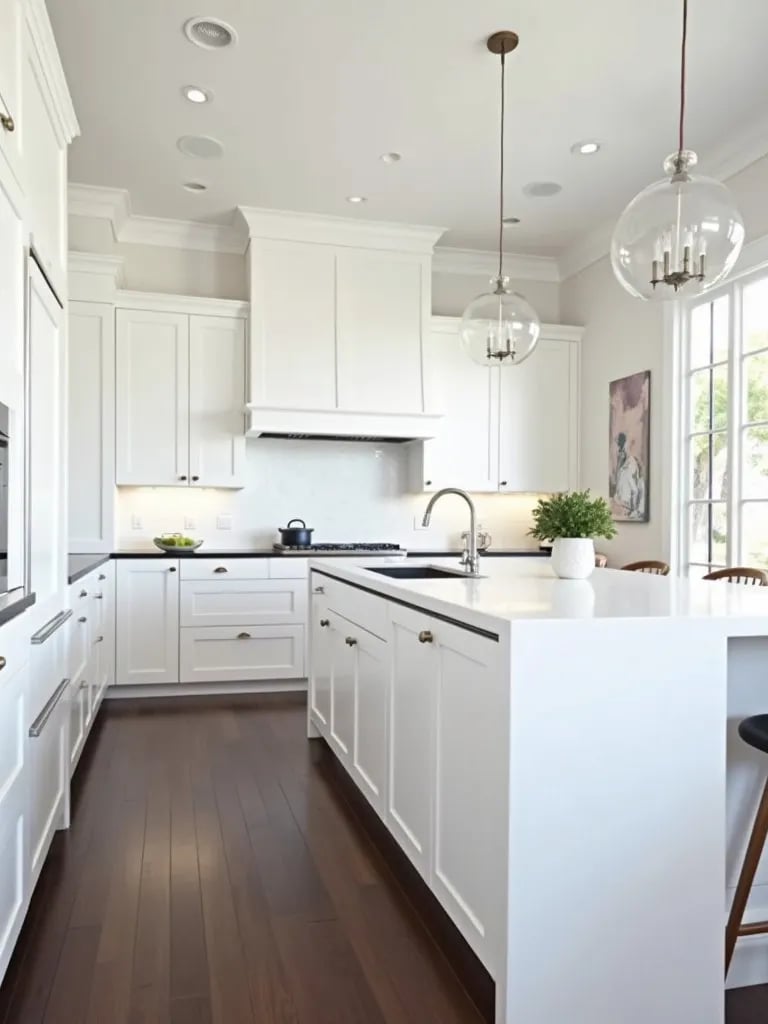 Modern white kitchen with contrasting dark hardwood floors, aerial view