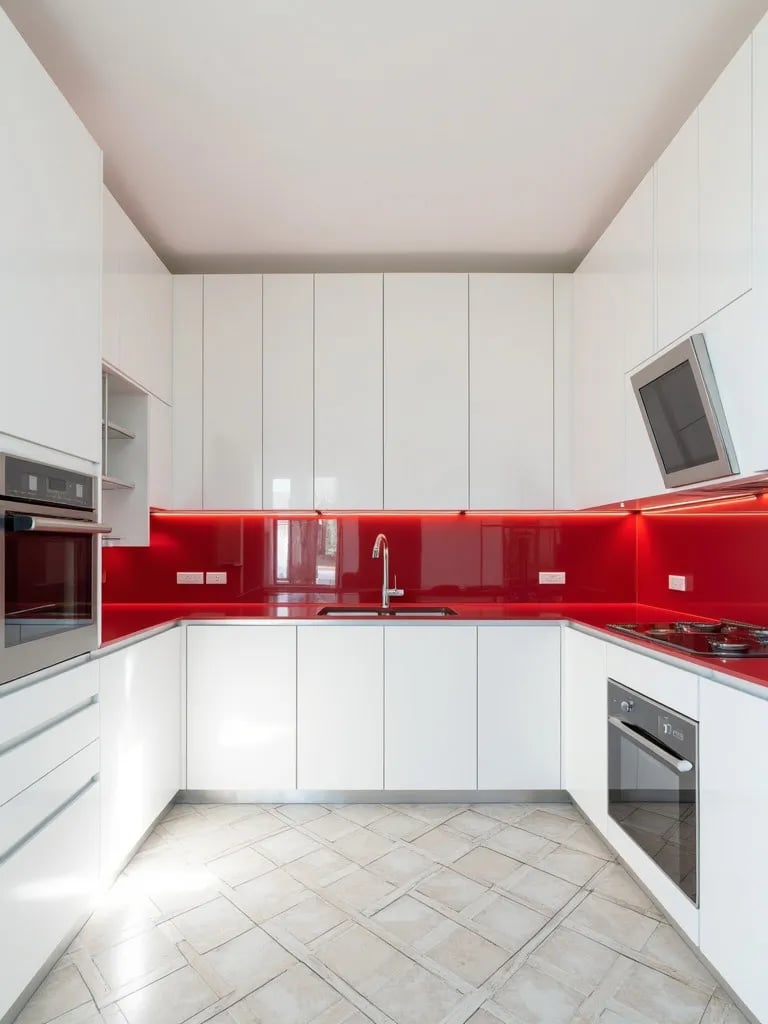 Modern white kitchen with glossy red quartz countertops and geometric flooring