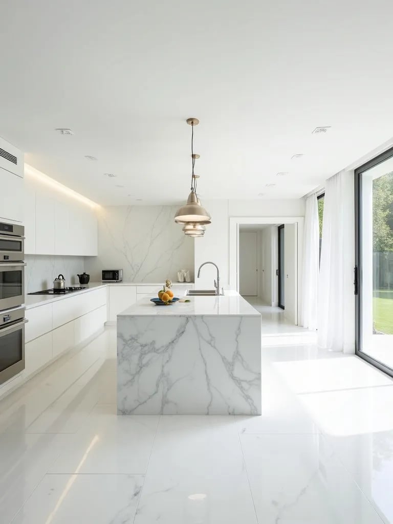 Modern white kitchen with large island and open floor plan