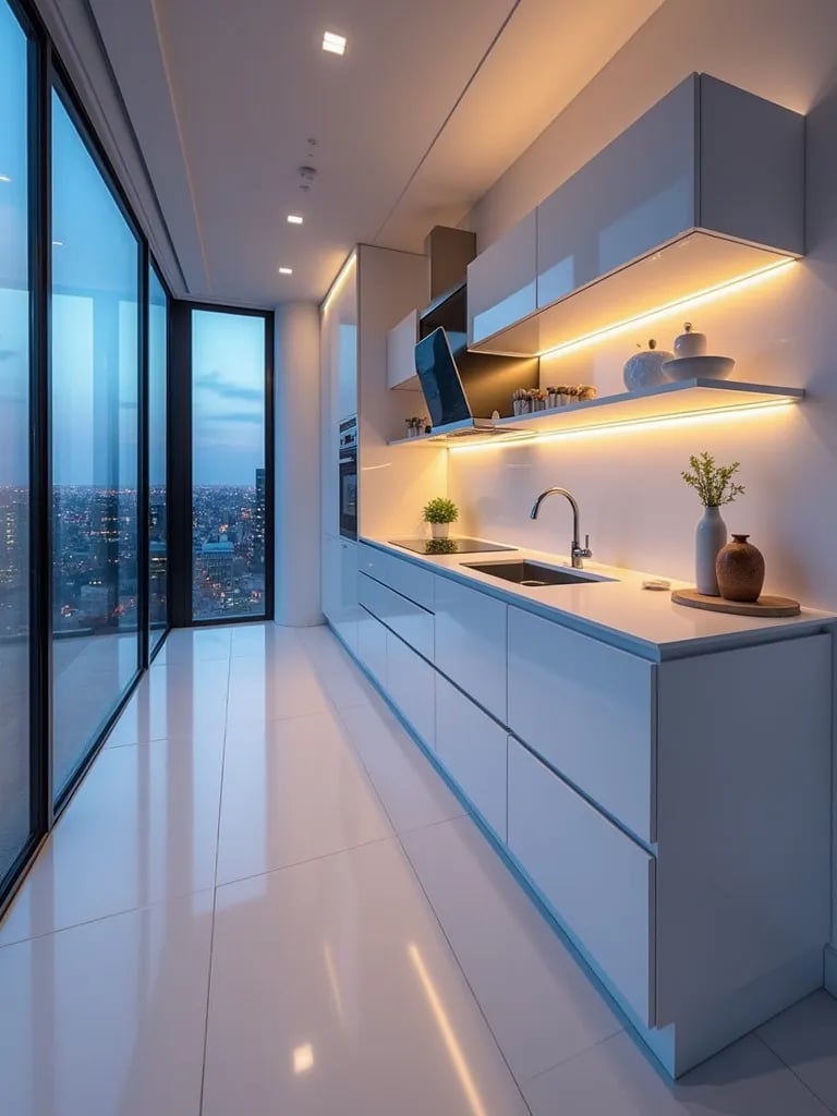 Modern white kitchen with smart features and city view at night