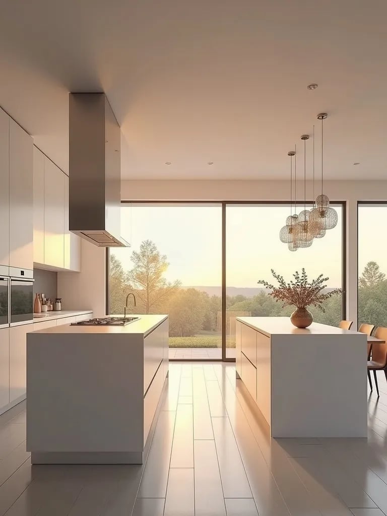 Modern white kitchen with striking chandelier in warm light