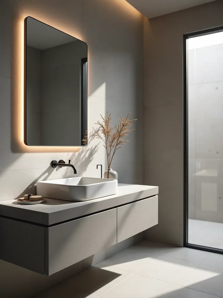 Monochromatic bathroom with minimalist vanity and recessed lights