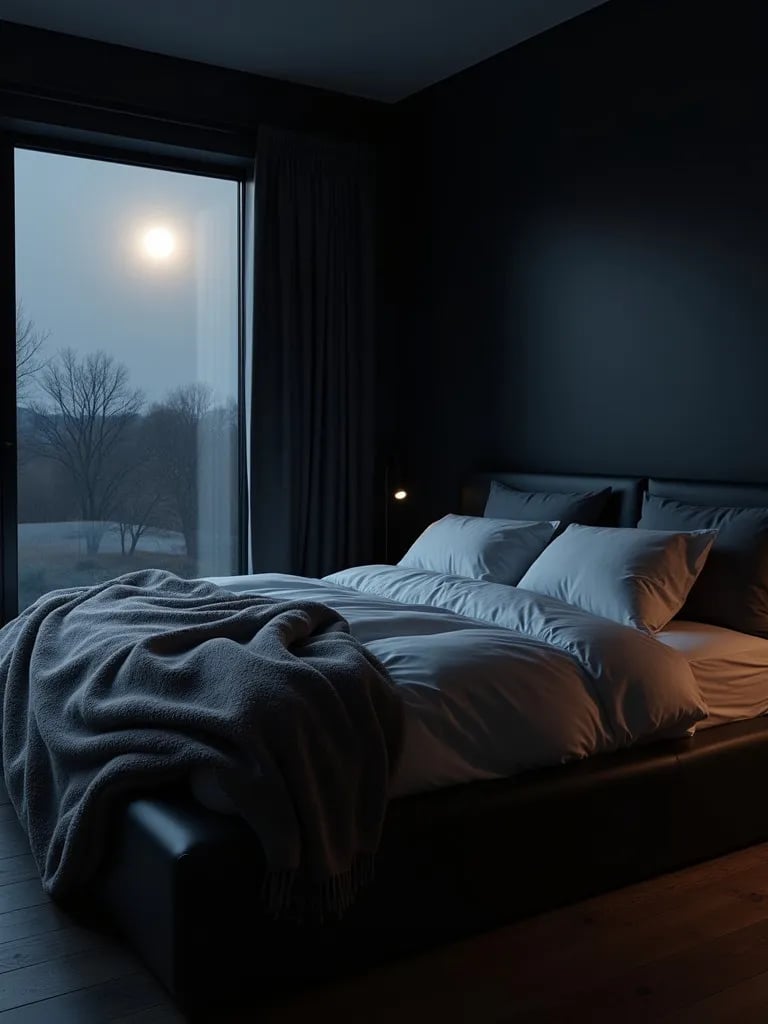 Moonlight illuminating a bedroom with dark charcoal walls