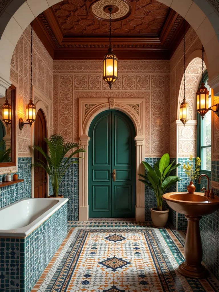 Moroccan style bathroom with tiled hammam, arched doorways, and lanterns