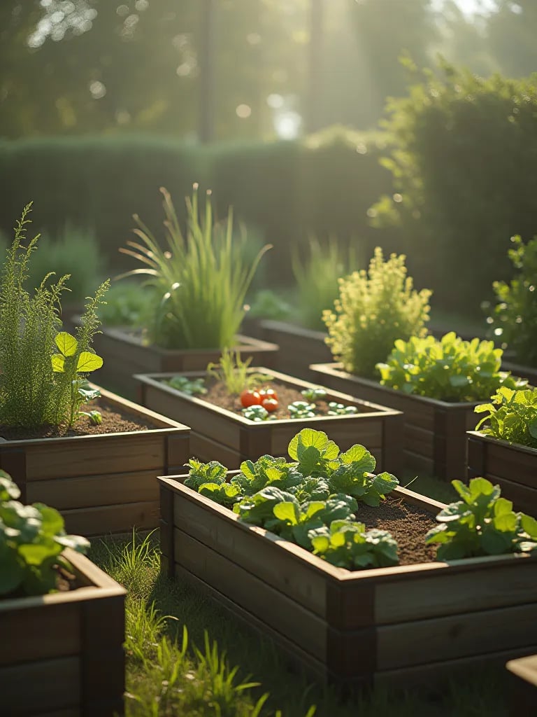 Multi level raised garden beds with container sections full of vegetables