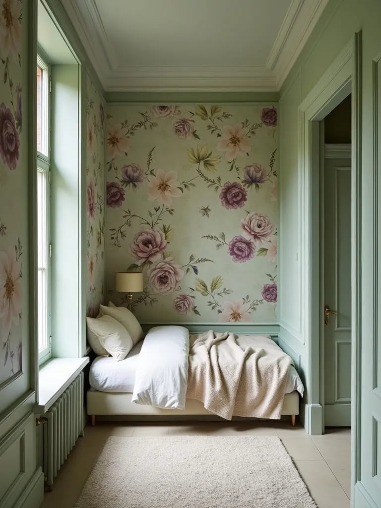 Narrow bedroom with floral wallpaper accent and soft green walls
