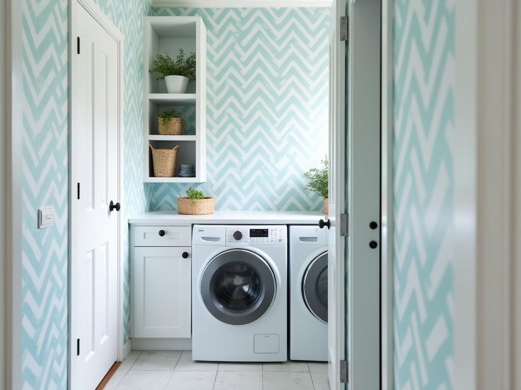 Narrow laundry room with blue geometric wallpaper and built in shelving