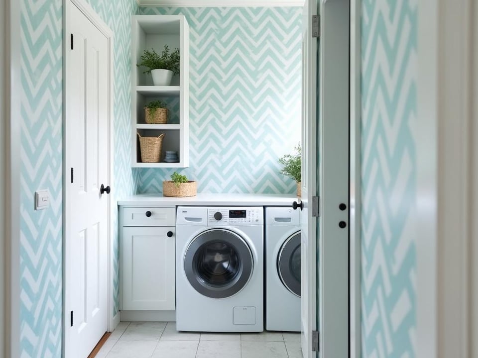 Narrow laundry room with blue geometric wallpaper and built in shelving