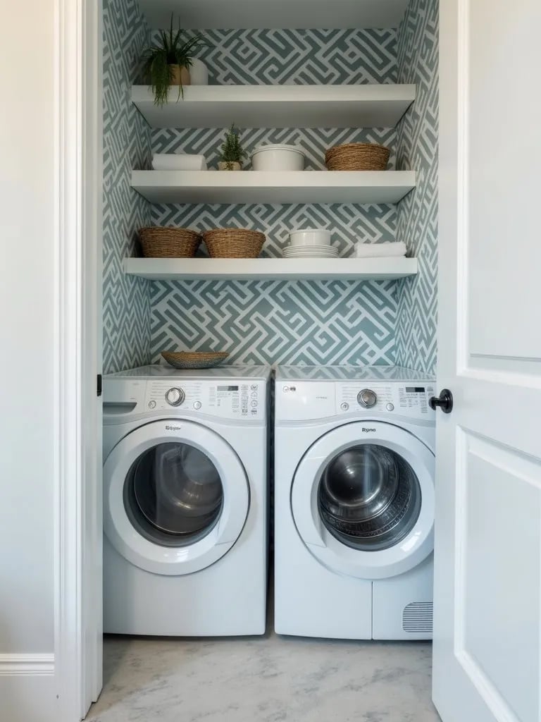 Narrow laundry room with geometric wallpaper and floating shelves