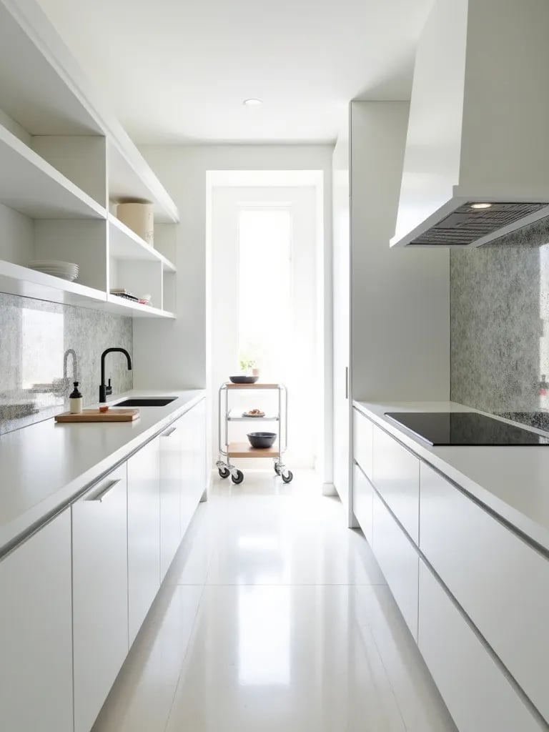 Narrow white kitchen with mirrored elements and space saving features