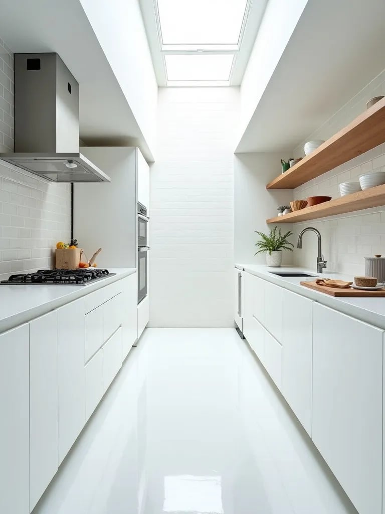 Narrow white kitchen with mix of open and closed storage
