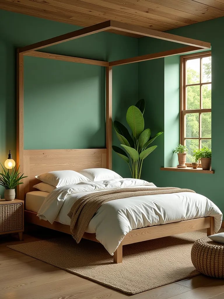 Nature inspired bedroom with wooden canopy bed and plants
